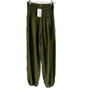 Boho Pants Green Smocked Waist Harem Pants With Pockets Women's Medium NEW NWT